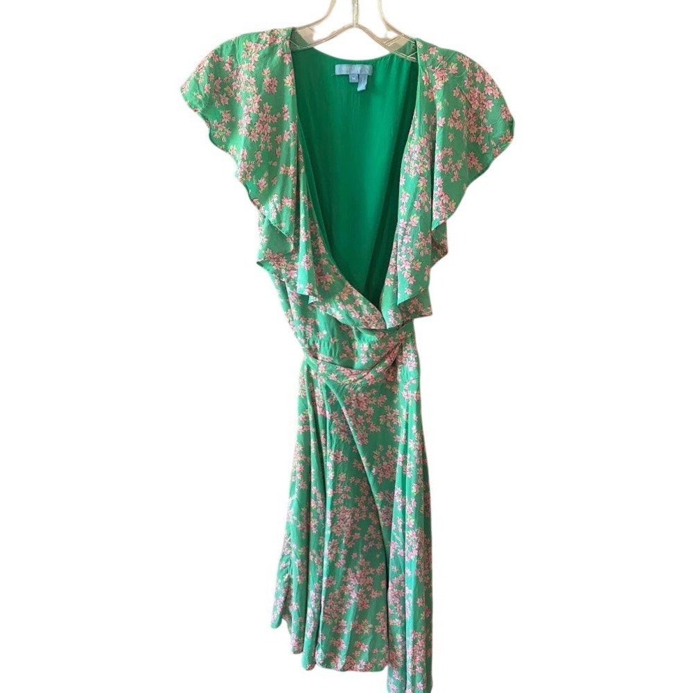 Draper James RSVP Green Pink Floral Ruffle Flutter Sleeve Faux Wrap Dress Medium